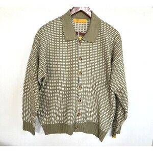 Yellow Label Co. Men's Waffle Knit Cardigan Sweater Collar Green/Ivory M NEW